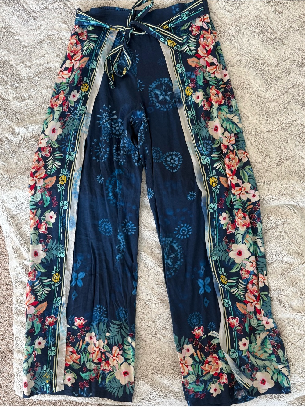 Johnny Was Wide Leg Blue Pull On Palazzo Pants Floral Flowy Boho Size Medium